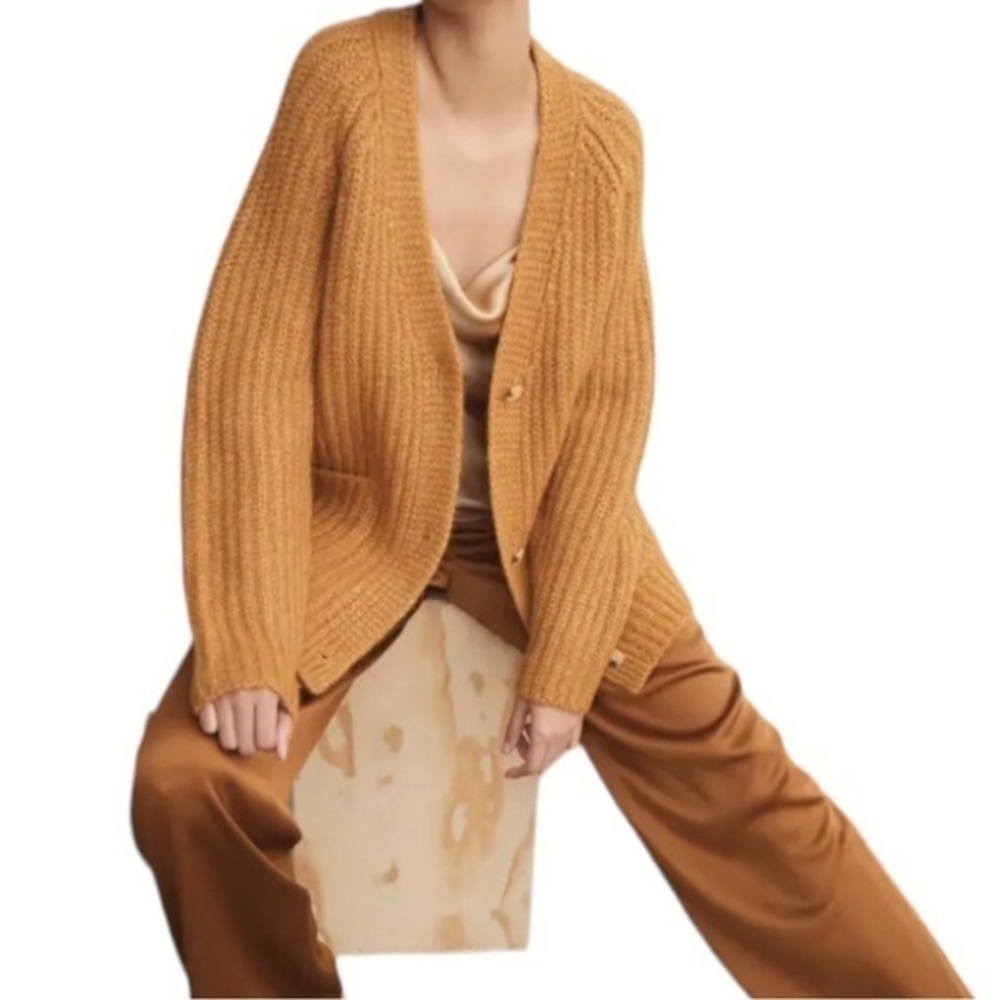 Vince Alpaca-Wool Ribbed Cardigan With Pockets In Gold Ochre - Picture 2 of 4